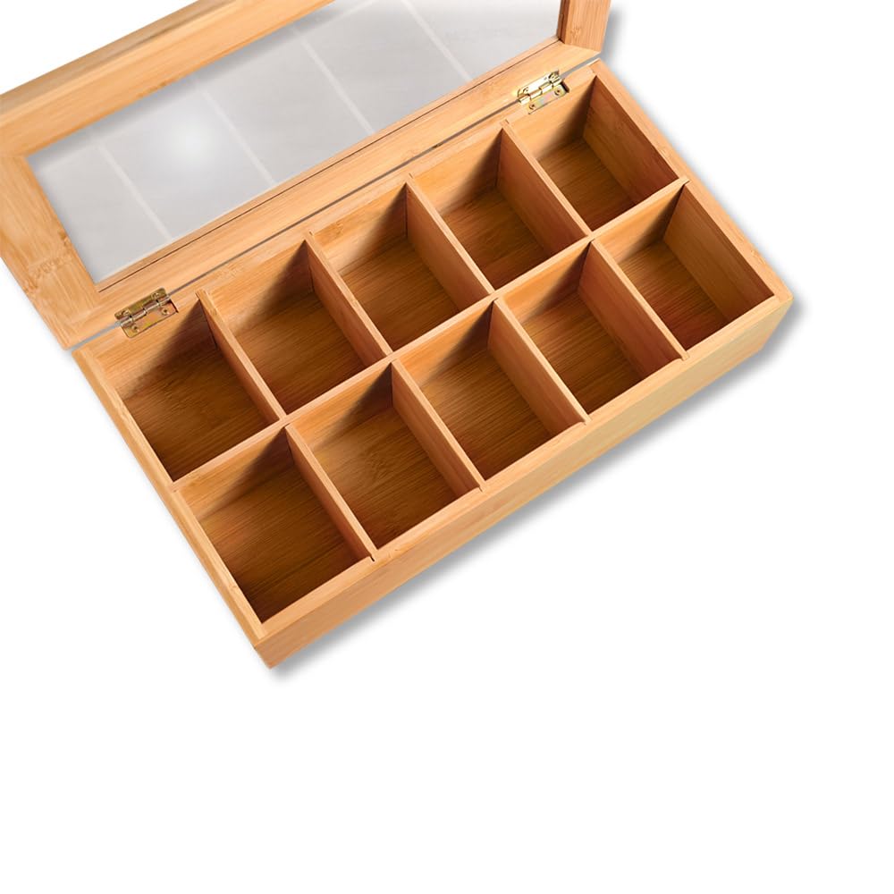 Kesper | Theedoos met 10 vakken en kijkvenster, materiaal: bamboe, afmetingen: B: 36 x D: 20 x H: 9 cm, kleur: bruin | 58901 13