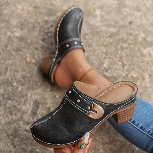 Heels Mules for Women 2025 Hollow Closed Toe Chunky Heels Sandals Comfortable Dressy Backless Sandals Slip On Slippers Party Shoes4