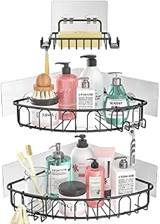 Orimade Corner Shower Caddy Stainless Steel with Hooks Wall Mounted Bathroom Shelf Storage Organizer Adhesive Rustproof No Drilling 3 Pack Black