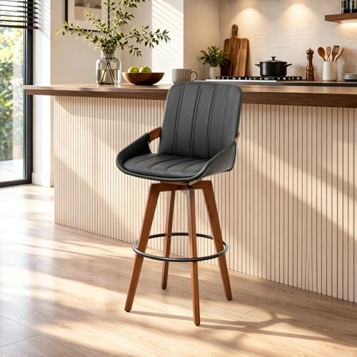 Image of AQG Black Bar Stools 30 Inch Leather Bar Height Stools with Backs, Mid Century Modern Swivel Bar Chairs, Upholstered Barstools Wood Frame for Kitchen Island