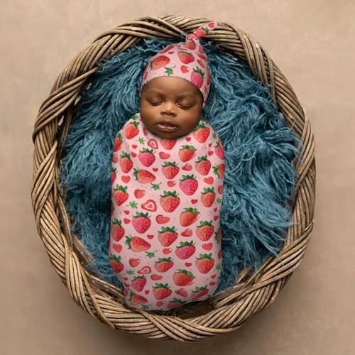 Image of Strawberries and Red Hearts Newborn Swaddle Blankets Hat Sets Soft Baby Receiving Blanket Swaddle Sack for Baby Shower Infant Boy Girl Gift