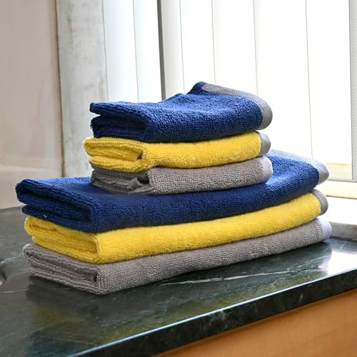 Image of Divine Casa Cotton Hand & Face Towel Set of 6 (500 GSM) | Ultra Soft, Highly Absorbent | 3 Hand Towels (40x60 cm) & 3 Face Towels (30x30 cm) | Yellow, Blue & Grey