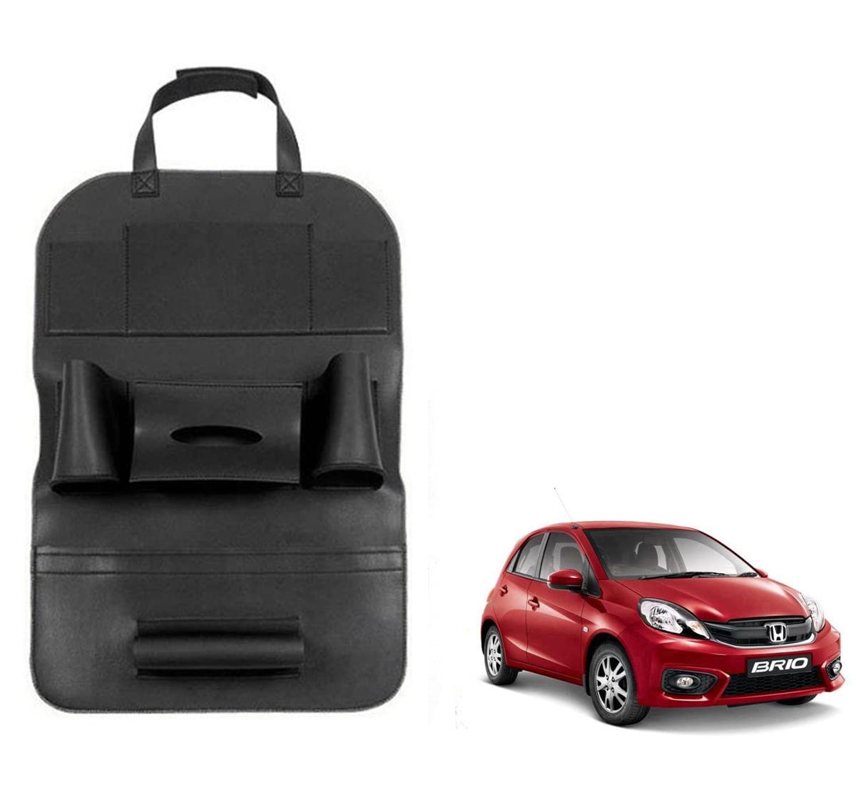 Oshotto Car Backseat Storage Organizer Phone Holder,Multi-Pocket for Bottles, Tissue Boxes,Kids Toy Storage and Great Travel Accessory Compatible with Honda Brio (Black)