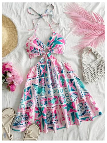 Image of Floerns Women's Floral Halter Neck Vacation Dress Sleeveless Cut Out Boho Cami Dress