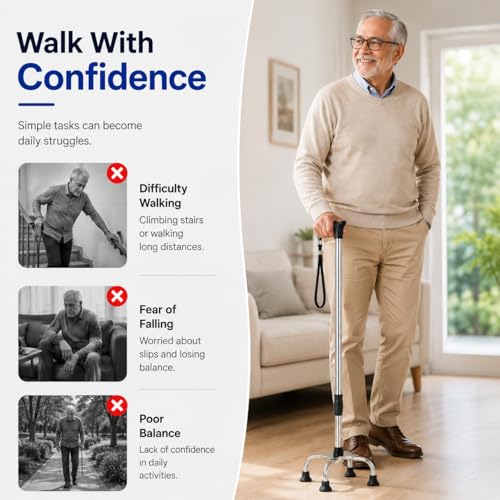Image of PulGos 4-Leg Walking Stick for Men & Women | ๐๐๐ฃ๐ฎ๐ฌ๐ญ๐๐๐ฅ๐ Height Walking Cane with Anti-Slip Base | Strong Mild Steel Support Stick with Comfortable Grip | Lightweight & Stable for Daily Use
