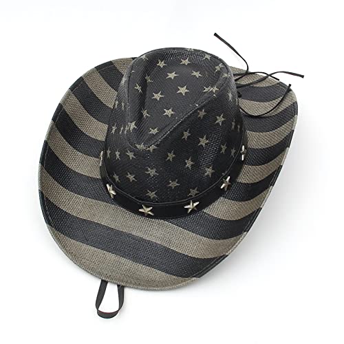 Classic American Flag Cowboy Hats, Summer Sunhat Western Straw Cowboy Hat For Men Women Black #TOP2