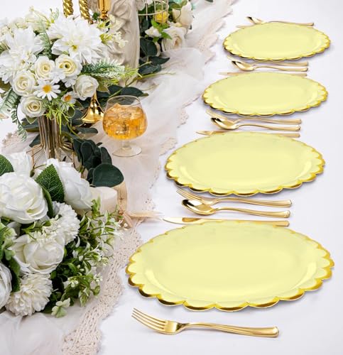 Image of HEIPINIUYE 50 Pieces Yellow Paper Plates with Gold Foil 9 Inch Disposable Yellow Scalloped Dinner Plates for Wedding Baby Shower Birthday Party