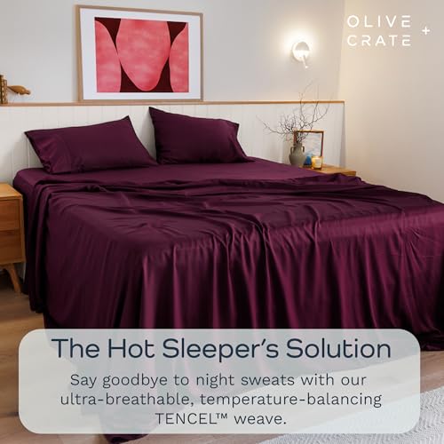 Image of Olive + Crate Tencel Lyocell Eucalyptus Sheets King Size - Cooling Tencel Sheets for Hot Sleepers with 18 Inch Deep Pocket Fit - Sour Cherry 4-Piece Set