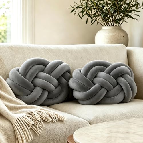 2Pcs Plush Knotted Accent Pillows for Couch and SofaSoft Throw Pillows for Bed and ChairModern Decorative Room Decor for Living RoomBedroomDorm and Nursery 15.7inches 11.8inches (Dark grey)
