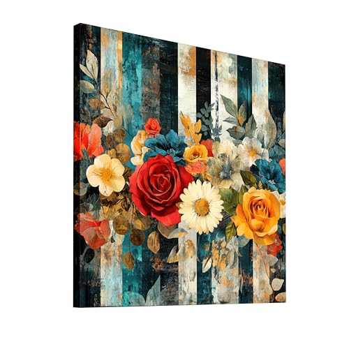 Image of PAINTINGMANTRA Vintage Floral Roses Stretched Canvas Painting for Living Room | Botanical Flower Artwork Wall Decor Art For Livingroom, Bedroom, Office, Hallways - 22x22 Inch