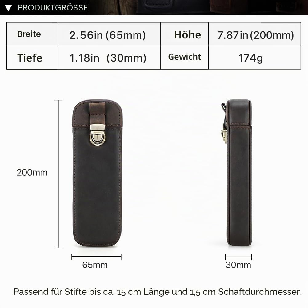 Top‑Grain‑Echtleder Etui für 3 Stifte, minimalistische modische Gestaltung, handgefertigt, Steckverschluss mit Schublade, Geschenk für Männer und Frauen, Bürogebrauch, glänzendes Kaffee, 3 Fächer