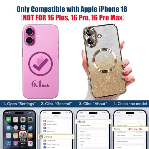 Image of Misscase for iPhone 16 Magnetic Glitter Case Compatible with MagSafe,Camera Lens Protector Full Protection Elegant Anti-Scratch Dust-Proof Net Case Cover for iPhone 16 Gold