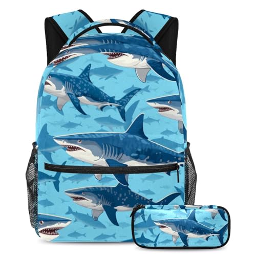 Sac à dos requin bleu avec trousse assortie grand format pour voyage et école des ados