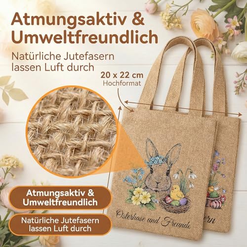 MEIJINMEIYU 2 Stück Osterkörbchen aus Jute mit Henkel – Oster Hasen Taschen zum Befüllen, Wiederverwendbare Osternester für Kinder & Erwachsene, Ostergeschenke & Oster Basteln Kinder