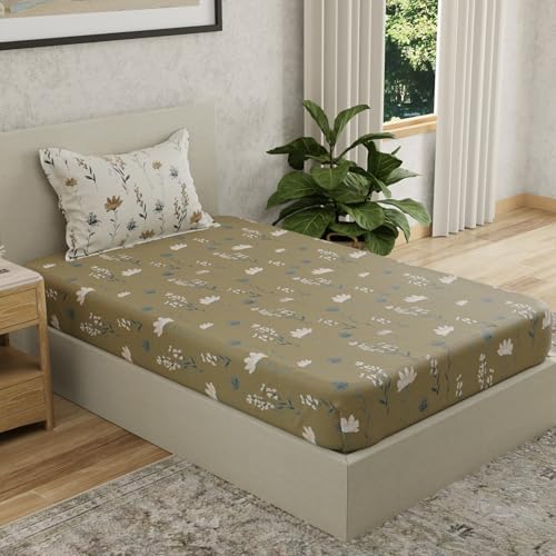 Image of HUESLAND by Ahmedabad Cotton 144 TC Bedsheet for Single Bed with 1 Pillow Cover | Olive Green, White