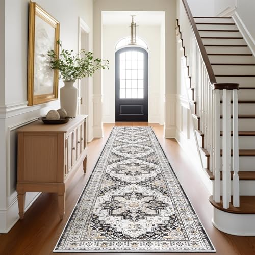 Madane Hallway Runner Rug 2x12, Extra Long Washable Runner Rugs with Rubber Backing, Non Slip Carpet Runner, Vintage Rug Runners for Kitchen Laundry Room Entryway (Black, 2'x12')