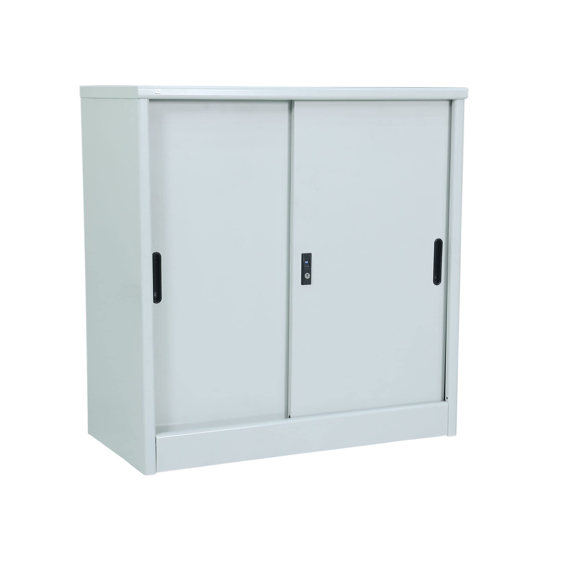 RIGID Curved Steel Sliding Doors Storage Cabinet | Metal Storage Unit with Key Lock & Adjustable Shelf | Heavy Duty Small Cupboard for Home Office Gym Hospital (Grey, 93.5H x 90W x 47D CM) -Assembled