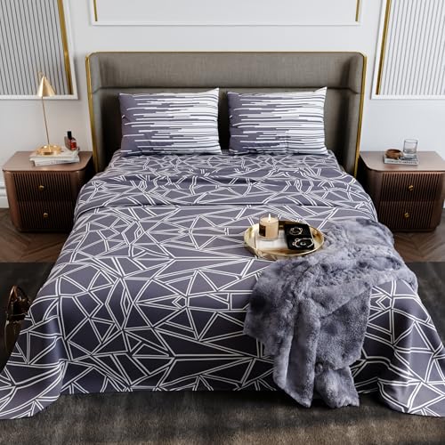 Image of Stoa Paris 100% Cotton Super King Bedsheet with 2 Pillow Covers for King & Double Beds,180TC Printed Bedding Set, Breathable, All-Season Comfort, Lightweight, Urbanscape - Lavender Matrix (274x274cm)