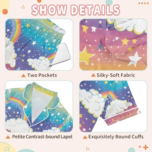 senya Rabbit Rainbow Cloud Satin Summer Pajama Sets Silk Short Sleeve Button Down Sleepwear3