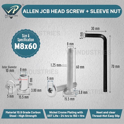 Image of Rely⇒VP INDUSTRIES (Combo Set -10 Pcs) M8x60 mm Nickel Allen JCB Screw with JCB Female Sleeve Barrel Nut + Allen Key 1 pc | Fastener for Joining Wood Boards, Cabinets, Cupboards,Chairs & Beds