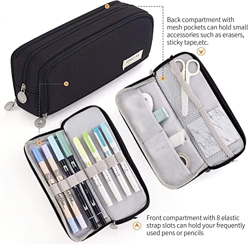 Image of OSDUE Canvas Premium Pencil Case, 6 Layer, 3 Compartments, Large Capacity, Cute Aesthetic Design for Girls, Multifunctional Pouch for School Kids, Black, Horizontal