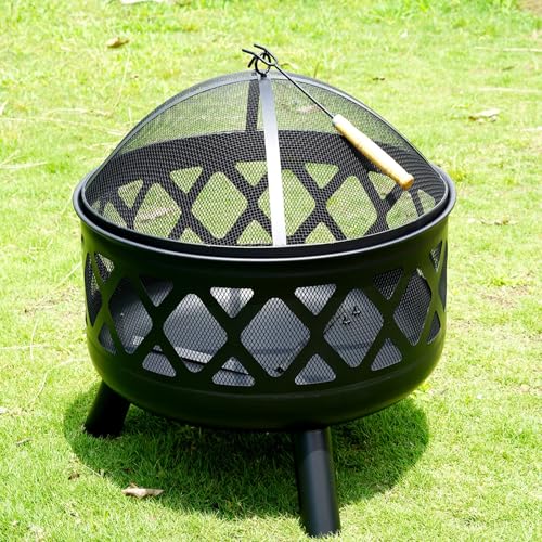 Gr8 Garden Round Fire Pit Bowl Black 24 Inch Large Outdoor Garden Patio Mesh Cover And Poker Camping Wood Log Heater Steel Charcoal Burner - 6