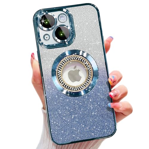Image of Misscase for iPhone 15 Plus Magnetic Case Compatible with MagSafe,Full Protection Slim Shockproof Anti-Scratch Glitter Case with Camera Lens Protector Logo View Dust-Proof Net for Women Blue