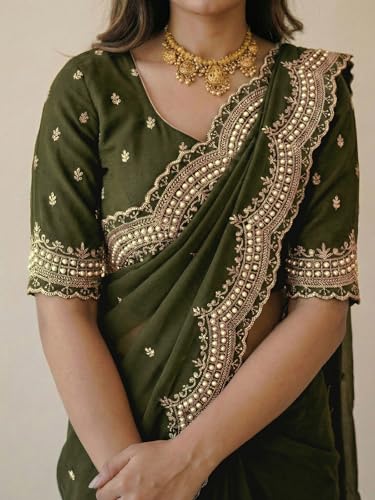 Image of SIRIL Women's Shimmer Georgette Scalloped Border Sequins Embroidery Saree with Unstitched Blouse Piece