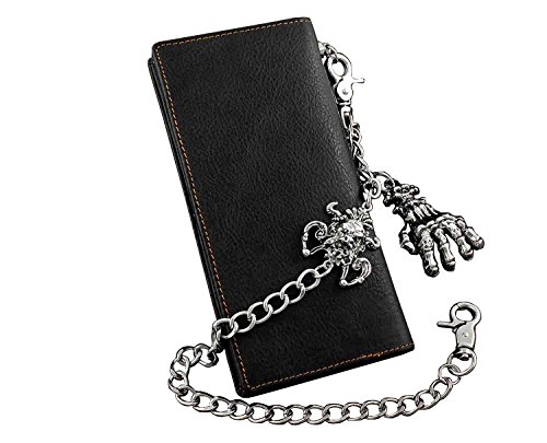 Skull Biker Punk Mens Leather Long Wallet with Jeans Key Chain4