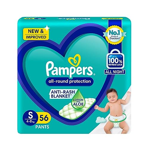 Image of Pampers Complete Skin Comfort Pants, Anti-rash blanket, Lotion with Vitamin E & Aloe Vera, Small size baby diapers (SM) 56 Count, 4-8 kg