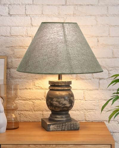 Image of Homesake Small Table Lamp for Bedroom Living Room Simple Retro Grey Distress Wood Grain Farmhouse Bedside Lamps Suitable for Nightstand, Desk Light, Gift, Trophy, (Grey Cone Shade)