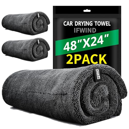 IFWIND 2 Pack Car Drying Towels (48x24) Extra Large Double-Twist Pile Drying Towels Car Detailing for Car Care Wash Car Super Cleaning Supplies Accessories kit Ultra Absorbency