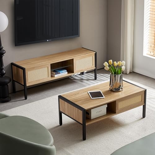 YOUGUO Coffee Table and TV Stand Set of 2, Boho TV Console Coffee Table Set with Sliding Doors, Entertainment Center Set for Living Room (Natural+Black)