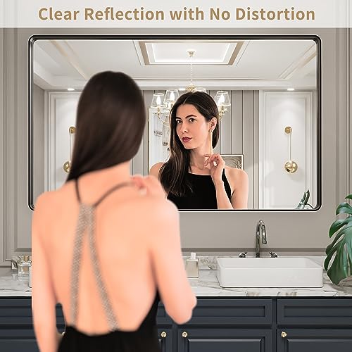 LOAAO Black Metal Framed Bathroom Mirror for Wall, Large 60X36 Inch Rounded Rectangle Mirror, Matte Black Bathroom Vanity Mirror Farmhouse, Anti-Rust, Tempered Glass, Hangs Horizontally or Vertically