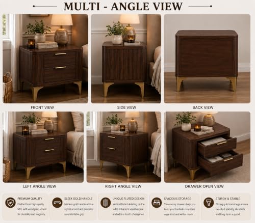 Image of Solid Sheesham Wood Bedside Table for Bedroom & Livingroom | Nightstand End Table with 2 Drawers Storage for Home | Modern & Luxury Design| (Walnut Finish 1)