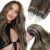 YoungSee Micro Link Hair Extensions Human Hair Brown Microbead Hair Extensions Human Hair Brown Highlight Blonde Beaded Hair Extensios 16In Micro Loop Hair Extension 50g 50s Remy Hair for Wedding