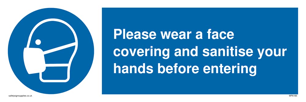 Pack of five - Please wear a face covering and sanitise your hands before entering Sign - 300x100mm - L31