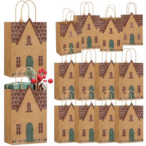 Marspark 24 Pcs Christmas Gift Bags Gingerbread House Gift Bag Vintage Christmas Paper Party Candy Treat Goodie Bags with Handle Brown Kraft Party Favor for Holiday Wrapping Present