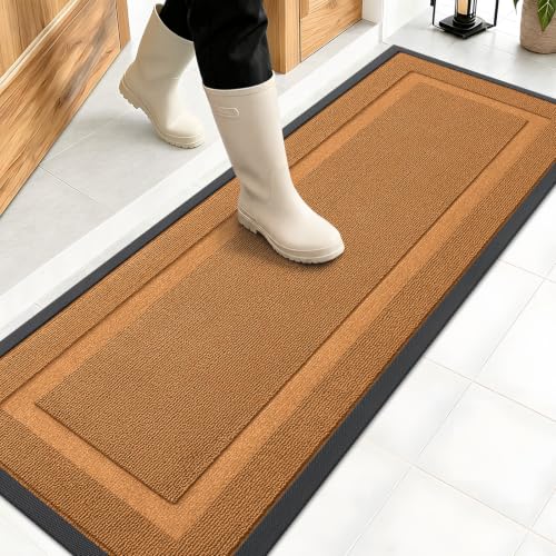 Image of OLANLY Front Door Mat Indoor Outdoor Entrance, Waterproof All-Season, All-Weather Doormat, Sturdy Natural Rubber, Low Profile, Easy Clean Patio Porch Entryway Mat, 47x17, Tangerine Orange