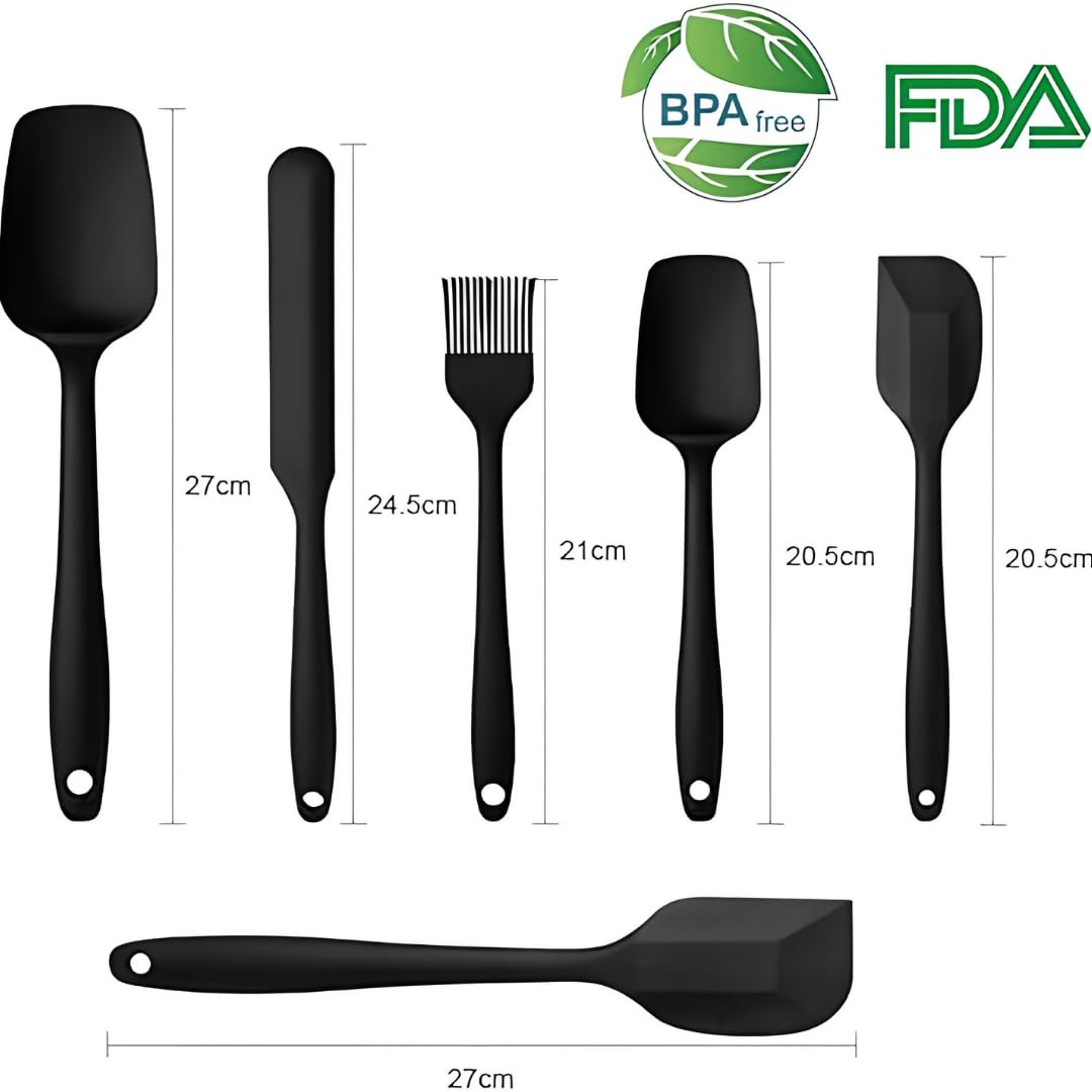 Silikon Spatula Seti 6 Parça - Isıya Dayanıklı Yapışmaz Tek Parça Isıya Dayanıklı Siyah Mutfak Gereçleri Seti, BPA İçermez Bulaşık Makinesinde Yıkanabilir Hamur ve Yemek Spatulası