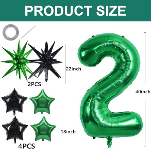 Image of TONIFUL 2nd Birthday Balloons 40 Inch Green Large Number 2 Foil Balloon 18 Inch Helium Mylar Heart Star Shaped Ballons for Boys Men Birthday Anniversary Graduation New Year Eve Party Decoration
