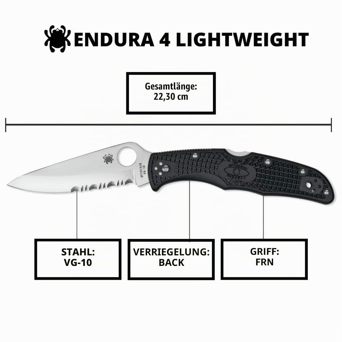 Spyderco C10PSBK Taschenmesser Endura 4 Lightweight, schwarz, 01SP116 , | Schwarz, 22,1 cm Gesamtlänge, 9,7 cm VG-10 Stahlklinge, FRN-Griff, Rückenverriegelung, Säbelmahlwerk