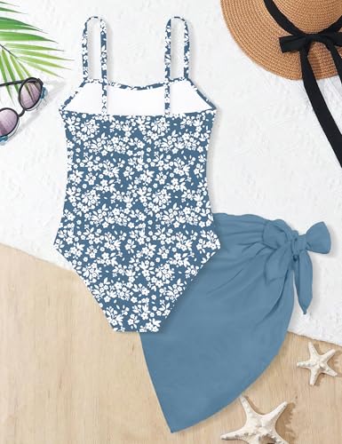 Image of Girls Swimsuit Adjustable Straps Cut Out One Piece Bathing Suit with Solid Color Cover Up Skirt Girls' Swimwear 5-16Y