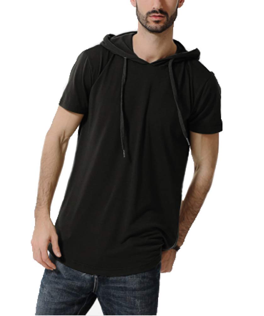 Męski T-shirt Top Basic Mode z kapturem T-shirty z krótkim rękawem, jednokolorowy, styl casual, klasyczny, przytulne koszulki z zamkiem błyskawicznym, czarny, M