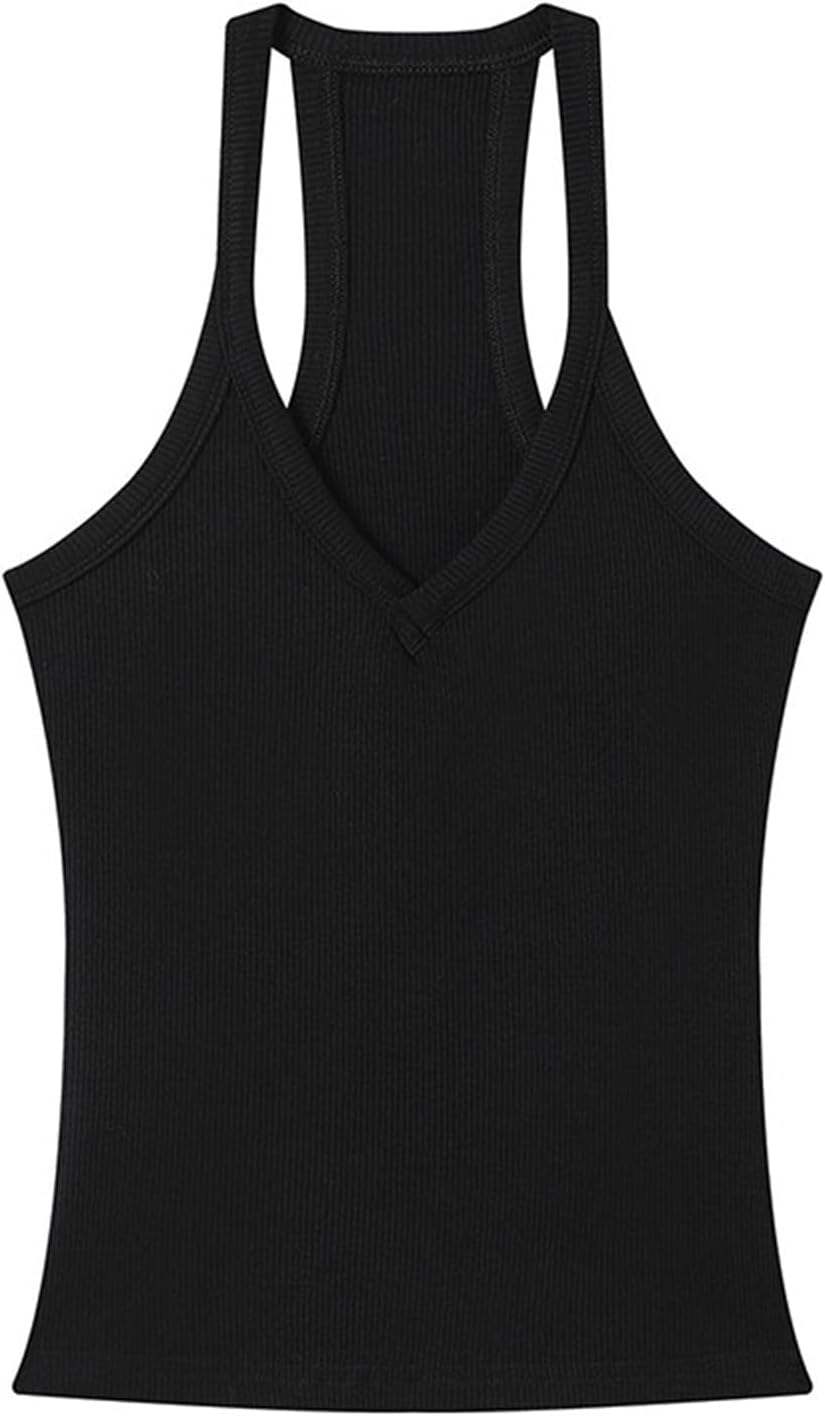 V Neck Tank Top for Women Racer Back Ribbed Slim Fitted Sexy Cami Basic Layering Shirts Black