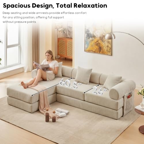 Image of 107 inch Modular Sectional Sofa Bed, L-Shape Corduroy Boneless Couch, Beige