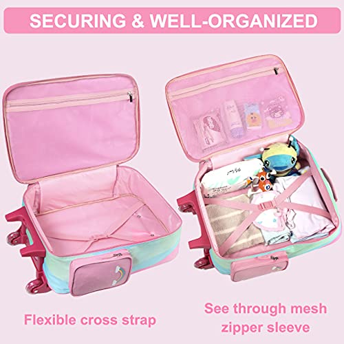 Image of VASCHY Rolling Luggage for Kids, Cute Travel Suitcase for Boys Girls with Wheels, Rainbow Unicorn, 13.78 x 6.69 x 20.47 inches