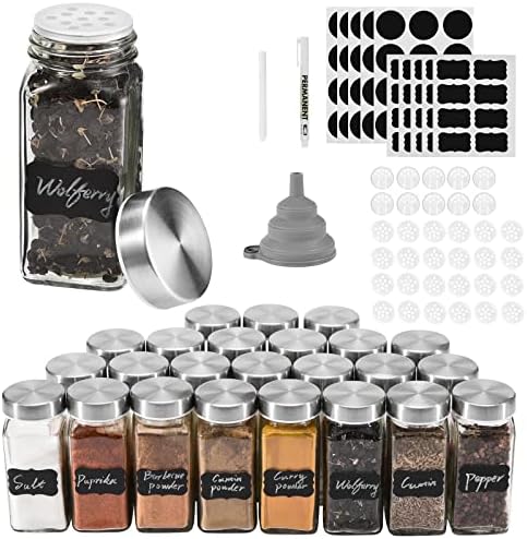 ROSNONG 24 Spice Jars with Lids, 4oz Square Glass Spice Jars with Labels, Cooking Spice Containers with Airtight Stainless Steel Caps and Shaker Lids, Spice Bottles Set, 1Pen,110 Labels, Funnel