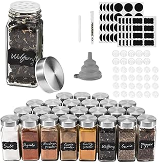 ROSNONG 24 Spice Jars with Lids, 4oz Square Glass Spice Jars with Labels, Cooking Spice Containers with Airtight Stainless Steel Caps and Shaker Lids, Spice Bottles Set, 1Pen,110 Labels, Funnel