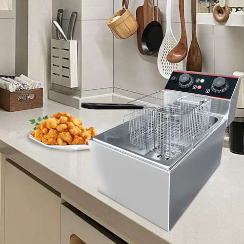 GarveeHome Commercial Deep Fryer with Basket, 6.3 QT/6 L Stainless Steel Electric Countertop Fryer with Temperature Control for Restaurant and Home Use,1500 W
